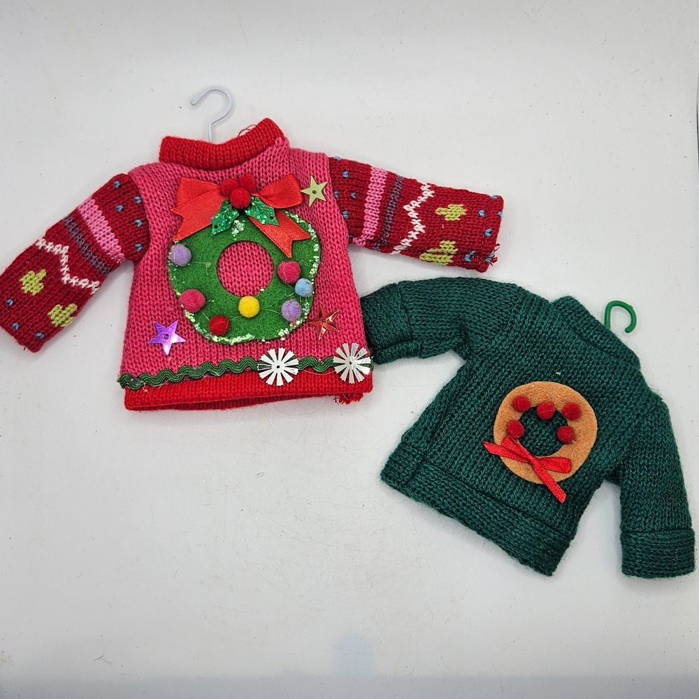 Lot 2 Miniature Christmas Sweaters Knit Wreath Ugly Xmas Doll Decor Ornaments